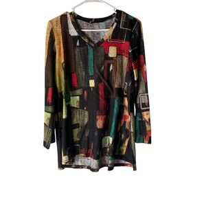 Artistic Abstract Print Long Sleeve V Neck Tunic Top Women Large‎ Artsy Lagen
